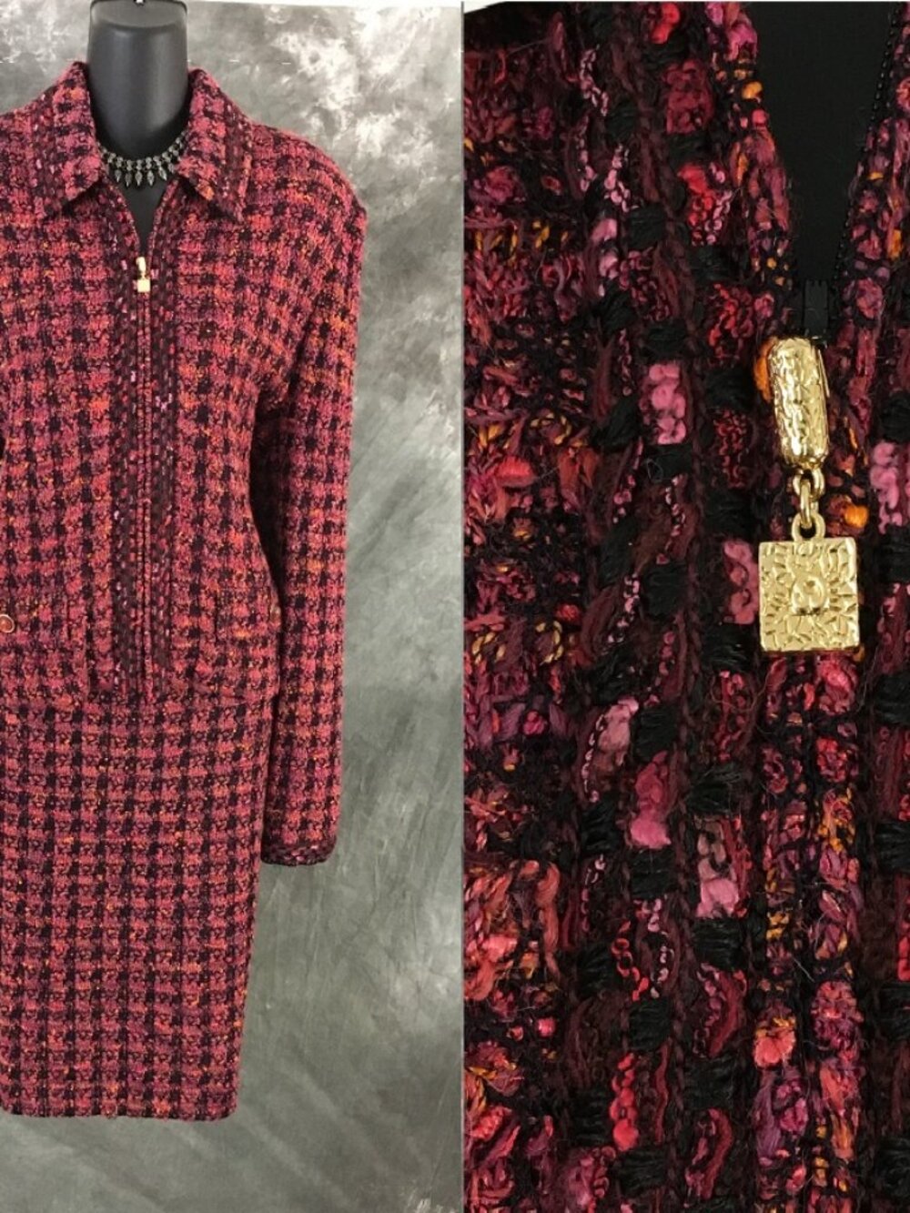 NWT NEW St John knit rose quartz maroon multi jacket skirt suit 14